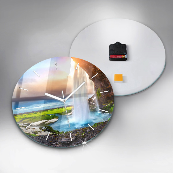 Round glass wall clock Waterfall in Iceland