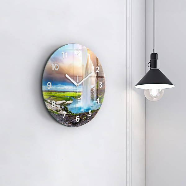 Round glass wall clock Waterfall in Iceland