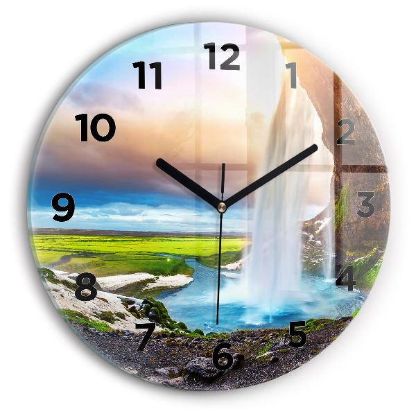 Round glass wall clock Waterfall in Iceland