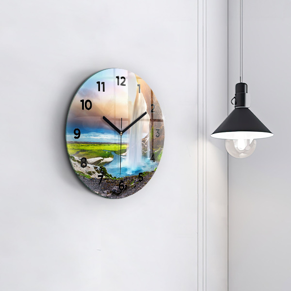 Round glass wall clock Waterfall in Iceland