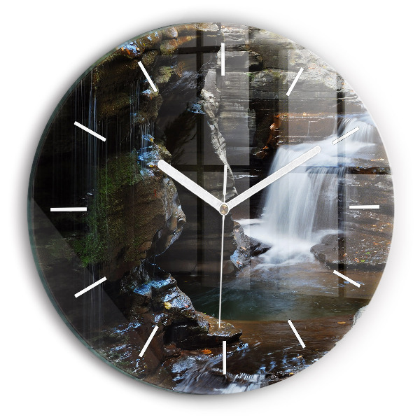 Round glass wall clock Waterfall and rocks of Iceland