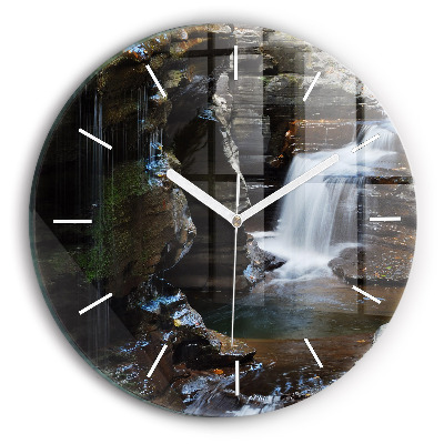 Round glass wall clock Waterfall and rocks of Iceland