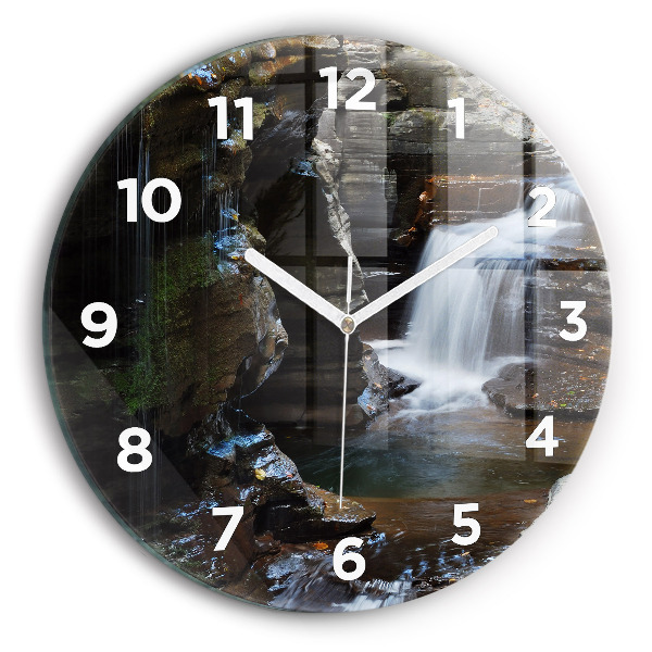 Round glass wall clock Waterfall and rocks of Iceland
