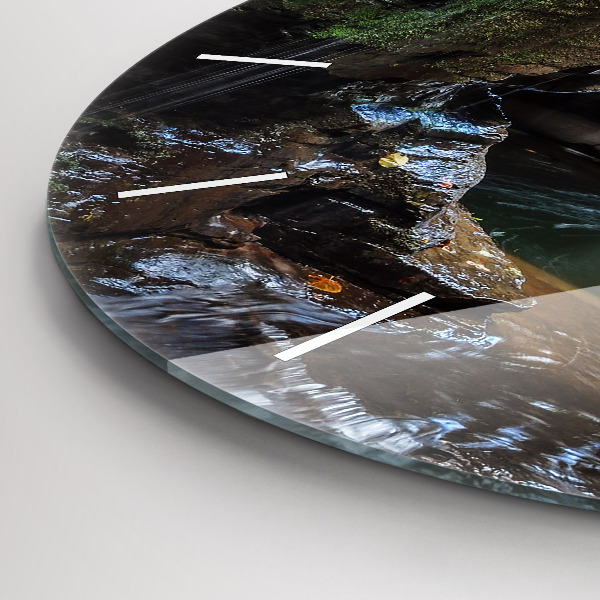 Round glass wall clock Waterfall and rocks of Iceland