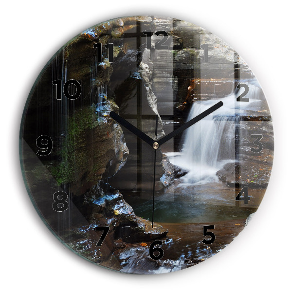 Round glass wall clock Waterfall and rocks of Iceland