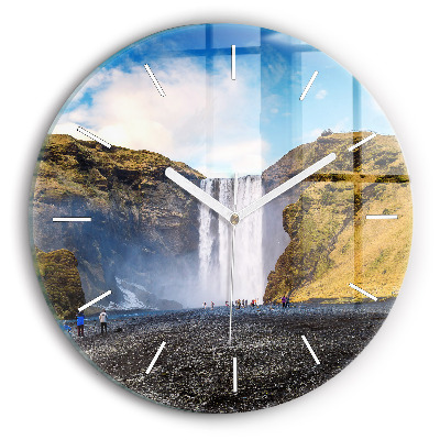 Round glass wall clock Waterfall in Iceland