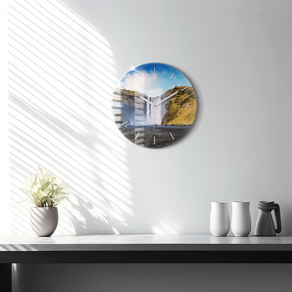 Round glass wall clock Waterfall in Iceland