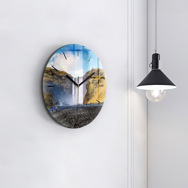 Round glass wall clock Waterfall in Iceland