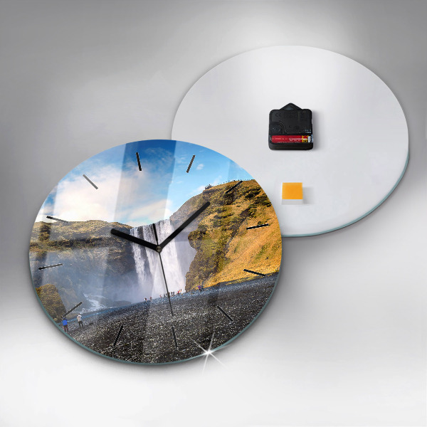 Round glass wall clock Waterfall in Iceland