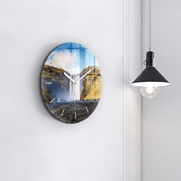 Round glass wall clock Waterfall in Iceland