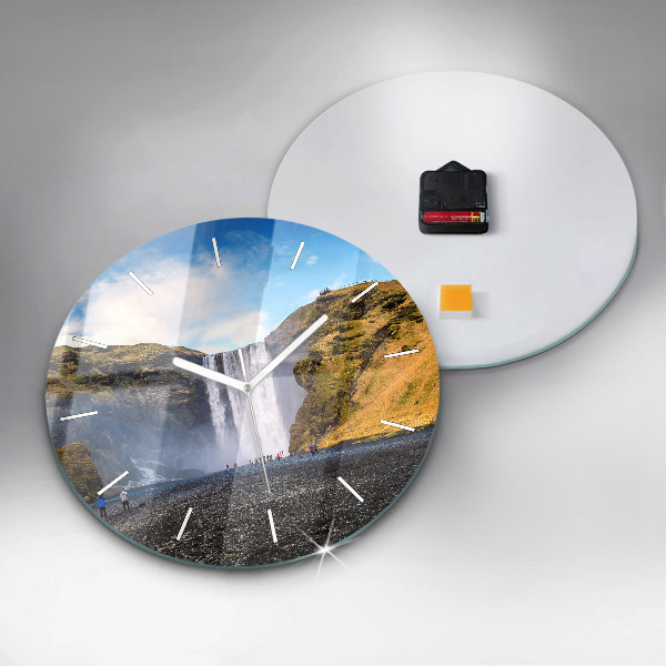Round glass wall clock Waterfall in Iceland