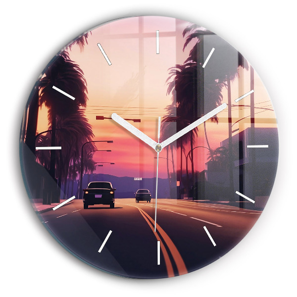 Round glass wall clock Sunset in LA