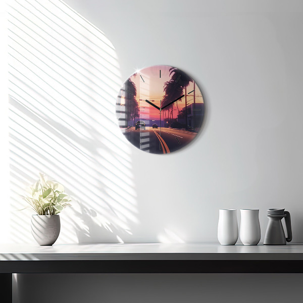 Round glass wall clock Sunset in LA