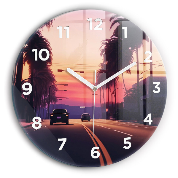 Round glass wall clock Sunset in LA