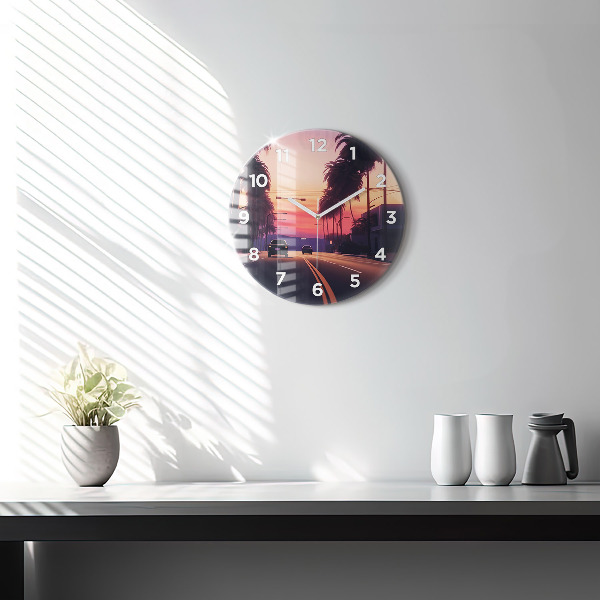 Round glass wall clock Sunset in LA