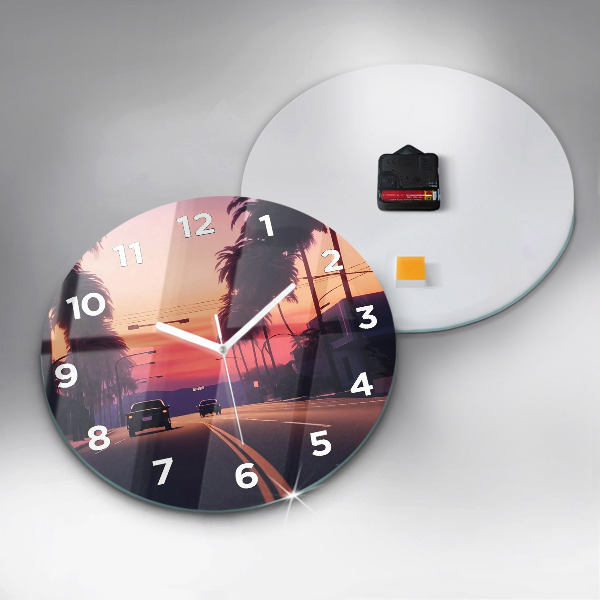 Round glass wall clock Sunset in LA