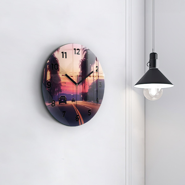 Round glass wall clock Sunset in LA