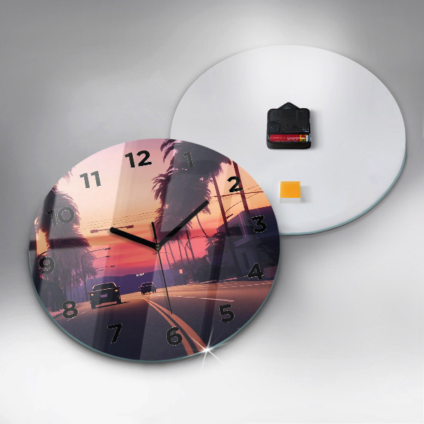 Round glass wall clock Sunset in LA