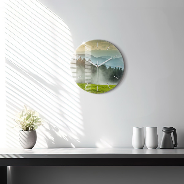 Round glass wall clock Mountain landscape