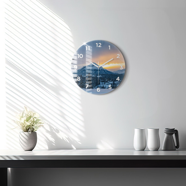 Round glass wall clock Mountain landscape