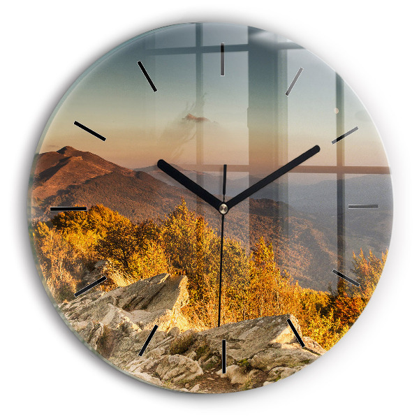 Round glass wall clock Bieszczady Mountains