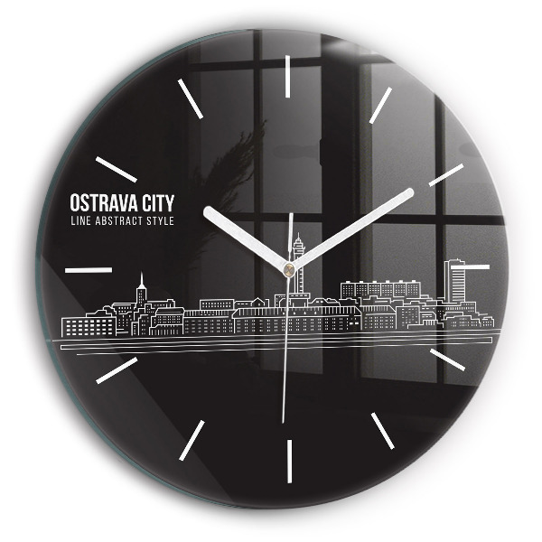 Round glass wall clock City of Ostrava drawing