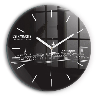 Round glass wall clock City of Ostrava drawing
