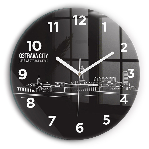 Round glass wall clock City of Ostrava drawing