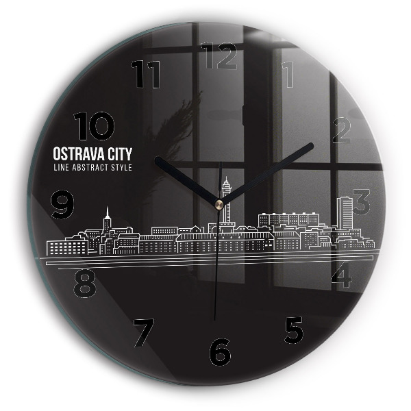 Round glass wall clock City of Ostrava drawing