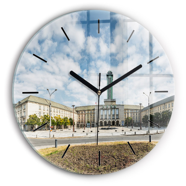 Round glass wall clock Panorama of the city of Ostrava