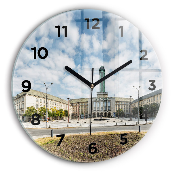 Round glass wall clock Panorama of the city of Ostrava