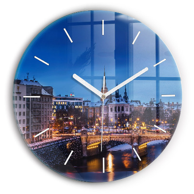 Round glass wall clock Panorama of the city of Pilsen