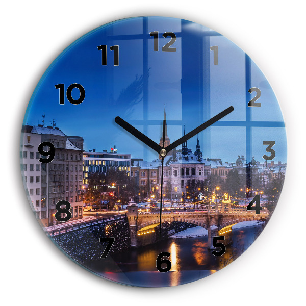 Round glass wall clock Panorama of the city of Pilsen