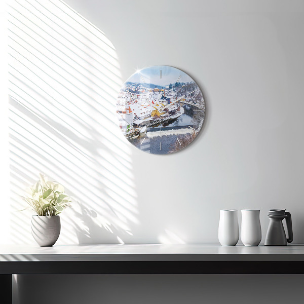 Round glass wall clock Panorama of the city in winter