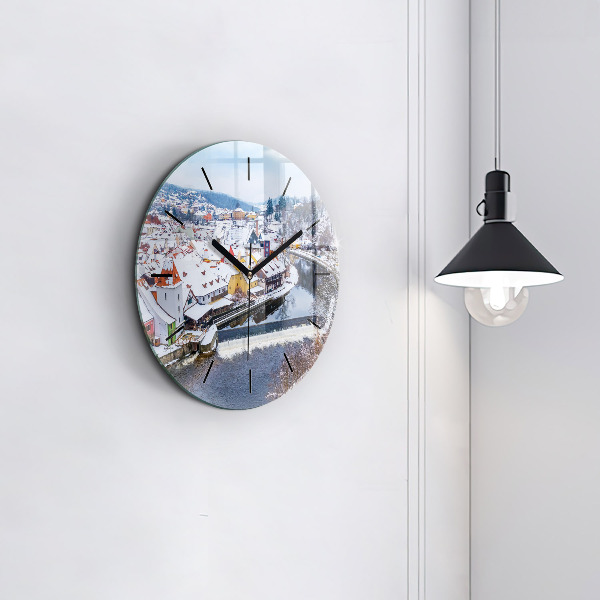 Round glass wall clock Panorama of the city in winter