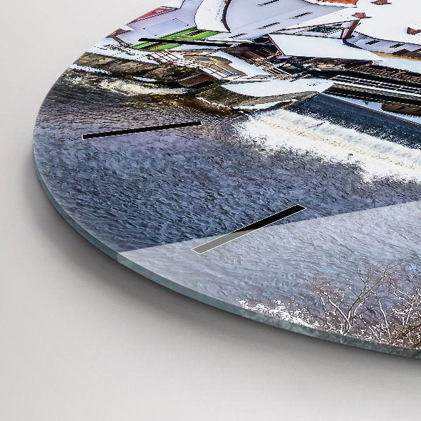 Round glass wall clock Panorama of the city in winter