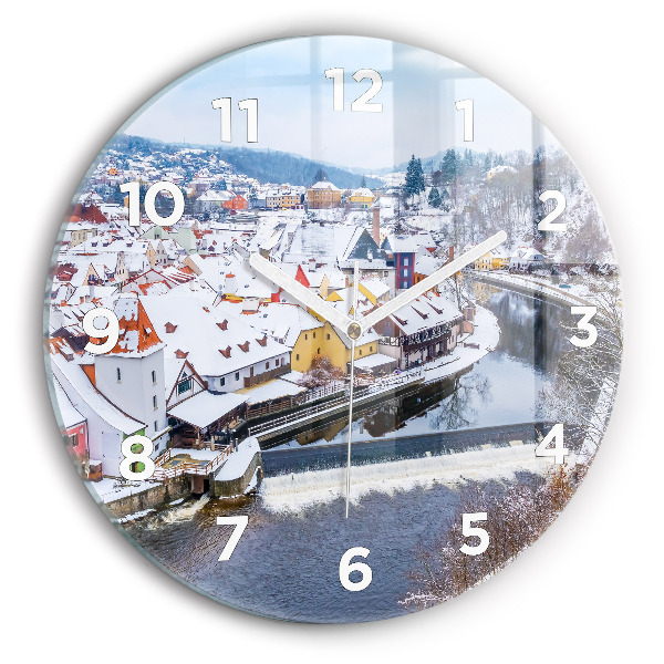 Round glass wall clock Panorama of the city in winter