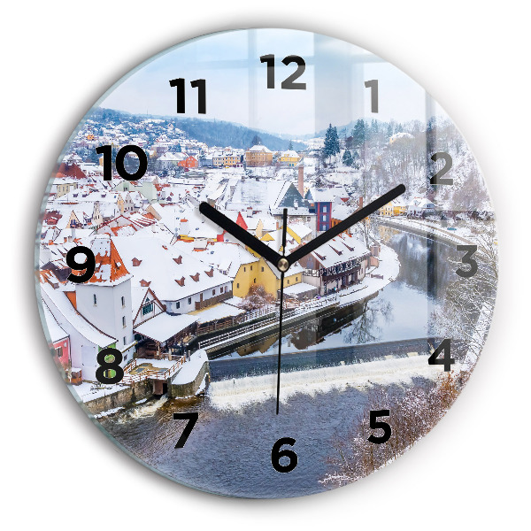 Round glass wall clock Panorama of the city in winter