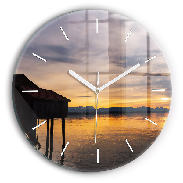 Round glass wall clock Sunset over the lake