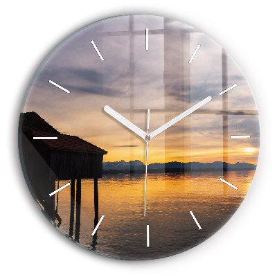 Round glass wall clock Sunset over the lake