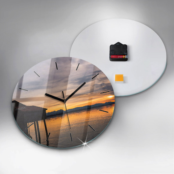 Round glass wall clock Sunset over the lake
