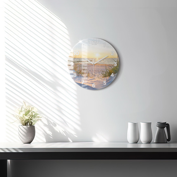Round glass wall clock Sunset over the sea