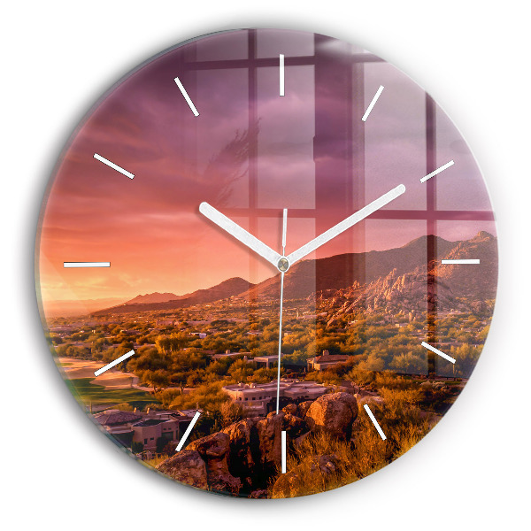 Round glass wall clock North Scottsdale Sunset