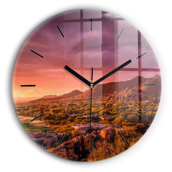 Round glass wall clock North Scottsdale Sunset