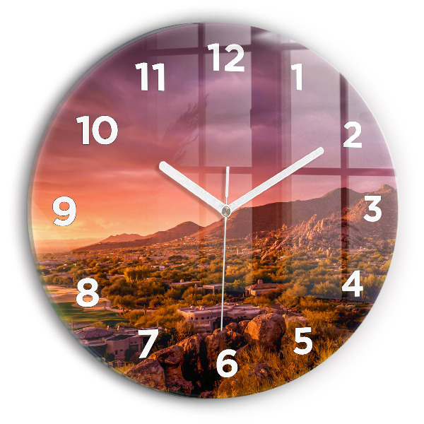 Round glass wall clock North Scottsdale Sunset
