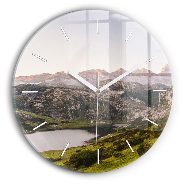 Round glass wall clock Lake and Pyrenees Mountains