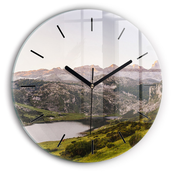 Round glass wall clock Lake and Pyrenees Mountains