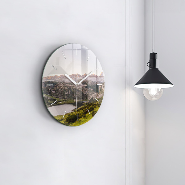 Round glass wall clock Lake and Pyrenees Mountains