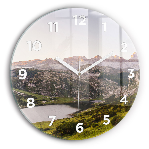 Round glass wall clock Lake and Pyrenees Mountains