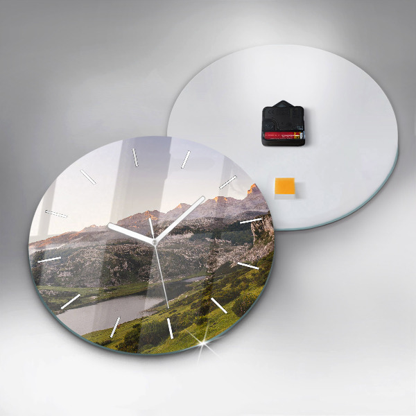 Round glass wall clock Lake and Pyrenees Mountains